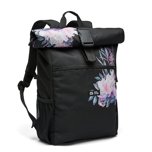 Ela Mo Rucksack Damen - Rolltop schön u. durchdacht - Laptop Rucksäcke für Frauen - Anti Diebstahl Tasche für Schule, Uni, Business (Beauty in Darkness)