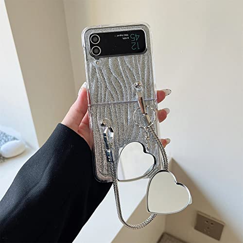 Coque Z Flip 4 miroir coeur 3D en métal et bracelet ondulé haut de gamme