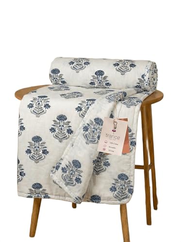 Image of Trance Home Linen Premium 100% Cotton Dohar for Single Bed | 150 GSM | Reversible Ac Comforter | Light Weight All Season Soft Blanket (58x90 Inches | Aangan Blue White)