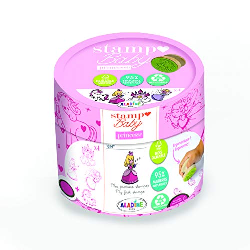 Aladine - Tampons Enfants Stampo Baby - 4 Tampons en Bois FSC Eco-Friendly + Encreur - Loisirs Créatifs et Dextérité - Dès 18 Mois - Thème Princesse