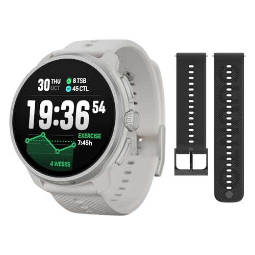 SUUNTO Race 2 GPS Sports Watch, 1.5" AMOLED Touchscreen w/Crown, Feather Grey & SUUNTO 22 ATH6 Silicone Strap All Black S+M