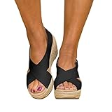 Shownicer Plateau Sandalen Damen Espadrilles Casual Keilsandalen Frauen Sommer Faux Leder mit Knöchelriemen Plattform Offene Schuhe Flip Flops Freizeit Sommerschuhe Schwarz 38 EU