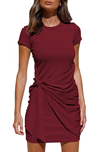 Necosthua Womenâs Casual Short Dress Solid Color Short Sleeve Crewneck Tie Waist T Shirt Dress Mini Tunic Dresses Red
