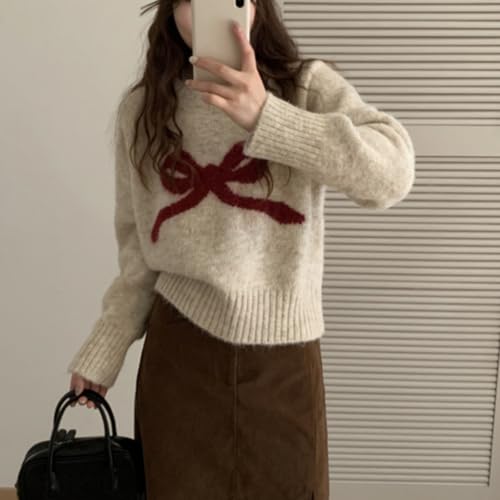 Knit Pullover Sweaters for Women Y2k Bow Loose Fit Chunky Sweater Oversized Cute Lightweight Tops Spring Fall4