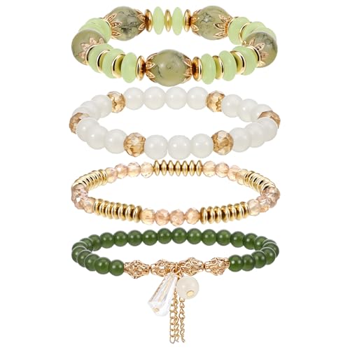 Image of Ouligay 4PCS Stackable Bracelets for Women Green Beaded Bangles Set Crystal Bead Bracelets Boho Charm Bracelets Summer Beach Vacation Jewelry Gifts