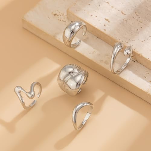 Sora Tuki Chunky Gold Rings Set for Women Trendy Ring Chunky Silver Rings for Women Big Chunky Rings Thick Rings Gold Statement Rings for Women Fashion Rings Chunky Gold Jewelry Dome Silver Rings Set3