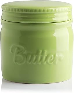 SWEEJAR Porcelain Butter Keeper Crock, French Butter Dish with Water Line, Ceramic Butter Container for soft butter (Green)