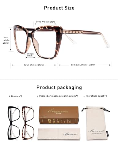 AMOMOMA Trendy TR90 Oversized Blue Light Reading Glasses Women,Stylish Square Cat Eye Glasses AM6031 C1+C6 2.0 x - Thumbnail 6