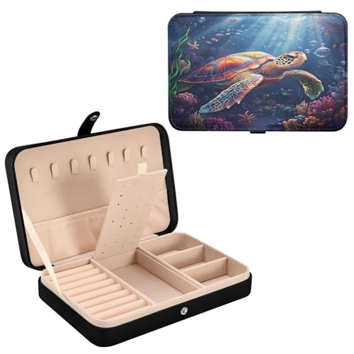 Haskirky Sea Turtle Jewelry Box Portable PU Leather Travel Jewelry Organize for Women Jewelry Storage Display Holder for Ring, Necklace, Earring