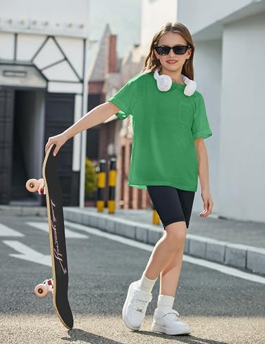Arshiner Short Sleeve Shirts Girls Crew Neck Oversized Casual Loose with Pocket Tops Kids Cute Blouses for Girls Green 13-14 Years - 3