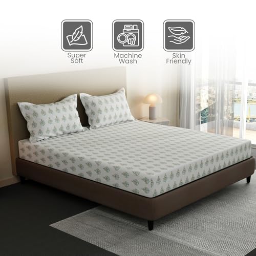 Image of Layers 100% Cotton Bedsheet for King Size Bed | Lumina Floret Collection | 144 TC Soft & Breathable | Floral Print with 2 Pillow Covers | Wrinkle Free & Colorfast | 3 Piece Bedding Set - White