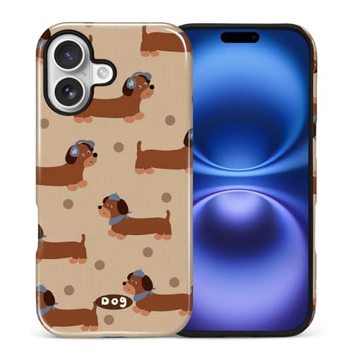Goodsprout for iPhone 16 Case,Hybrid 2-Layer Hard Shell + Silicone Protective Case -Resistant Shockproof- Brown Maillard Color Earphone Dog