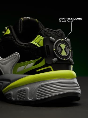 Image of The Souled Store Ben 10: OmniKicks Men and Boys Low Top Sneakers Black and Grey and Lime Green Streetwear Kicks Breathable Mesh Lightweight EVA Midsole Durable Rubber Sole Lace Up Comfortable