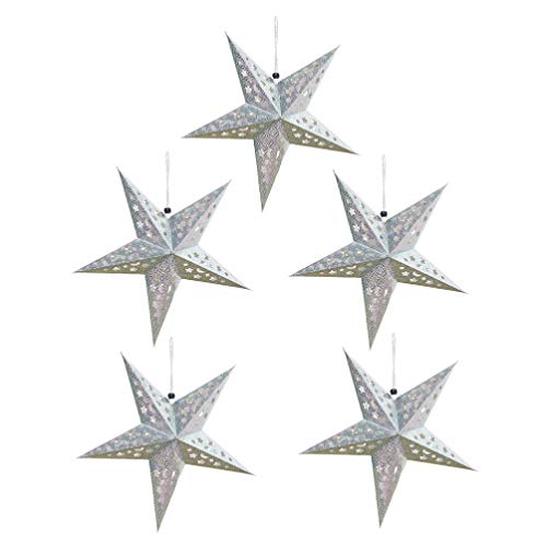 Lurrose 5 Pack 11” Paper Star Lantern Lampshade, Hollow Out Design Paper Star Lantern Decoration Hanging Christmas Xmas Day Decoration for LED Light for Weddings,Home Decor, Party Celebration(Silver)