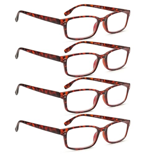 Image of Kerecsen 4 Pack Reading Glasses for Men and Women with Spring Hinges, Lightweight Black Rectangular Readers Eyeglasses (4 Tortoise, 1.50, x)