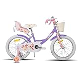 JOYSTAR Einhorn 18 Zoll Kinderfahrrad für 6-9 Jahre Mädchen, Kinderfahrrad mit Puppenfahrradsitz & Stützrädern& Korbstreamer, Violett