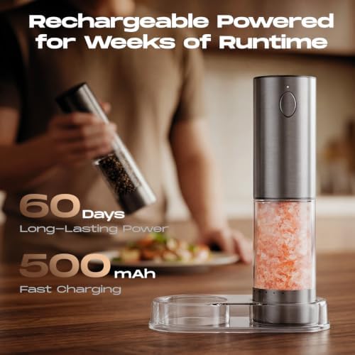 Electric Salt and Pepper Grinder Set, Rechargeable Automatic Salt and Pepper Shaker with 6 Adjustable Coarseness, Large-Capacity Pepper Mill Kitchen Appliances (Rechargeable-Stainless Steel) Alternate view