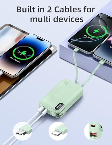 Image of RORRY Portable Charger w /Wall Plug 10000mAh Power Bank 22.5W Battery Pack | Built in Cables, Fast Charging, for iPhone, iPad, Samsung Galaxy, Pixel, LG, Travel Essential, Digital Display, Pocket Size