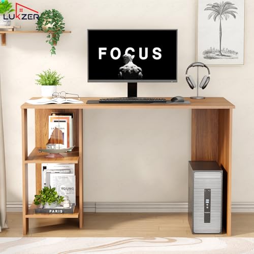 Image of Lukzer Engineered Wood Computer Desk with One Tier Shelves Laptop Study Table for Office Home Workstation Writing Modern Desk (ST-007 / Oak Brown / 100 x 50 x 77 cm)