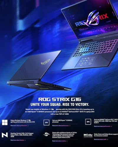 Image of ASUS ROG Strix G16 Gaming Laptop, AMD Ryzen 9 HX 8940HX (Up to 5.3 GHz), NVIDIA GeForce RTX 5070 Ti, 16 inch 165Hz 300 nits Display, Anti-Glare, WiFi 6E, Backlit KB, Win11 Pro (64GB DDR5 | 8TB SSD)