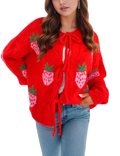 Image of FindThy Women's Tie Front Cardigan Sweater Cute Long Sleeve Crew Neck Bow Knot Knit Outwear