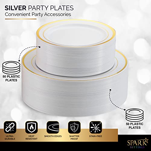 Sparksettings Gold Plastic Plates For Party, 100 Pack Plastic Plates Disposable Wedding Plates, 50 Elegant 10.25” Dinner Plates & 50 Sturdy 7.5” Dessert Party Plates, Disposable Plates For Party #TOP3