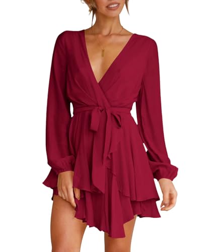 Wenrine Damen Kleider Sexy Tiefer V-Ausschnitt Freizeitkleid A Linie Rüschen Minikleid Langarm Wickelkleid mit Gürtel, Weinrot, M