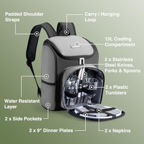 VonShef Picnic Backpack, 2 Person Grey Picnic Hamper with Dining & Cutlery Set & Cooler Compartment, Lightweight Water Resistant Cool Bag, Insulated Camping Accessories
