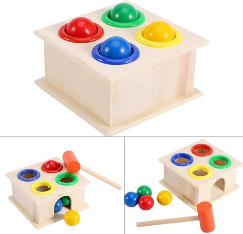 Image of SHINETOY Wooden Ball Drop Hammer Toys for Toddlers | Montessori Pounding Toy with 4 Colorful Balls | Early Learning & Motor Skills Toy, 11 x 6 cm