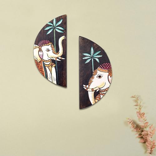 Image of AAKRITI ART CREATIONS Pichhwai Elephants Handpainted Wall Panels, Pichhwai Art Set of 2 Multicolor | Matte Finish Wooden | Home Items for Living Room, Bedroom, Office