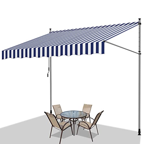 Fiqops Store de Balcon avec Manivelle, 350x120x200-300cm Auvent Téléscopique Résistant UV et Imperméable, Réglable en Hauteur, Store Banne Manuel sans Perçage, Bleu Blanc