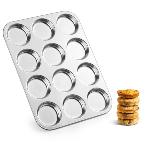 Image of E-far 12-Cavity Muffin Top Pan, Stainless Steel Shallow Cupcake Pan for Yorkshire Pudding, Eggs, Whoopie Pie, Cornbread, Non-toxic & Dishwasher Safe