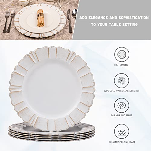 Maoname 13" White Charger Plates, Antique Plate Chargers With Wipe Gold Waved Scalloped Rim, Plastic Chargers For Table Setting, Wedding Decor, Set Of 6 #TOP2