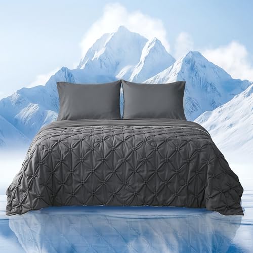 Amélie Home Elegant Pintuck Cooling Comforter, King Size, Cooling Blanket for Hot Sleepers, Lightweight Summer Bedding with Q-Max 0.45 Cooling Fabric, Cold Blanket, 106''x90'', Charcoal Grey