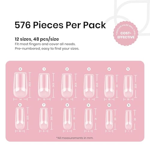 Image of Beetles Nail Tips Medium Square 576Pcs 12 Sizes - Pre-Etched Soft Acrylic Tips Half Matte False Nails Art Full Cover Press On Nail Extensions Gift Set Home DIY Salon