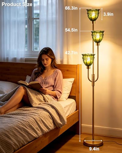 Image of Lightdot 66IN 3-Lights Modern Glass Floor Lamp Gold Dimmable Floor Lamps with 3000K Warm White Bulbs for Wedding Party Tall Standing Lamp with Green Glass Shade for Living Room /Bedroom /Home Decor