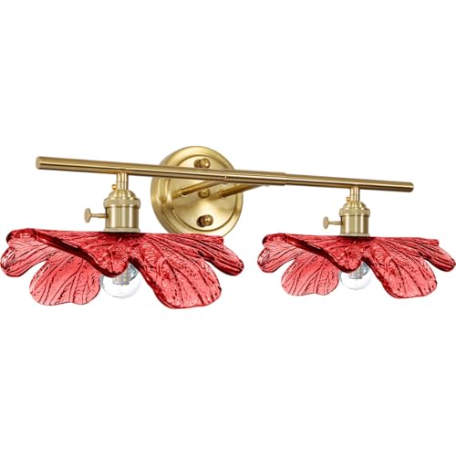 Image of 2-Light Red Floral Wall Sconce Mid Century Antique Gold Bathroom Vanity Light with Metal Base, Wall Lighting Fixture Over Mirror for Living Room Bedroom Hallway