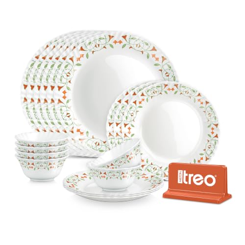 Treo by Milton Opalware Aurelia Meena Dinner Set of 18 | Serving for 6 | Microwave & Dishwasher Safe | Bone-Ash Free | Tempered Toughness | Plates & B