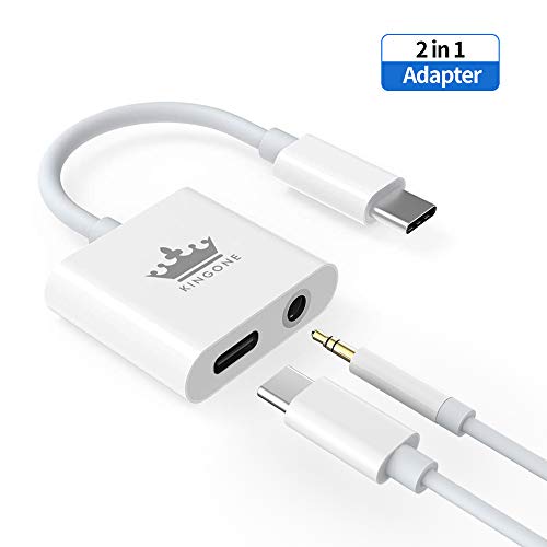 Kingone Adaptateur USB C vers Jack 3,5 mm pour Casque Audio auxiliaire USB C 2 en 1 USB C vers Jack pour iPad Pro 2018/ Huawei p30 Pro/Pixel 3/HTC u11/u 12 (Blanc)