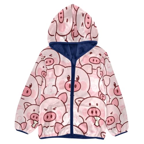 Cute Pink Pig Pattern Print Toddler Fleece Jacket Girl Boys Hooded Fleece Jacket Coat Warm Outwear Zip-up 3-10T