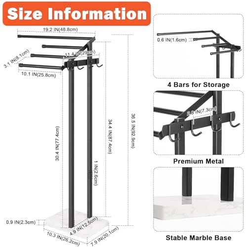 Image of Towel Rack for Bathroom, 36 inch H Towel Holder Stand, Bath Towels Sheet Holder with Marble Base, Standing Rack for Home Pool Outdoor Floor, Store Family Member Towels (Black, 36 inch H-Hooks)