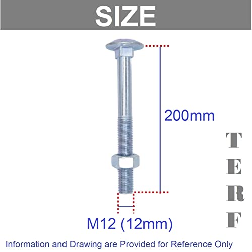TERF® M12 X 200mm Cup Square Carriage Bolt and Nut M12 (12mm) X 200mm Coach Bolts with Hexagon Nuts - Pack of 4 - Image 3