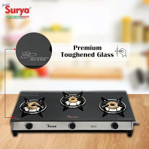 Image of Golden Surya 3 Burner Gas Stove with Toughened Glass Top, Stainless Steel Body, Manual Ignition, ISI Certified, 18 Months Warranty (CXJ-32-SS)