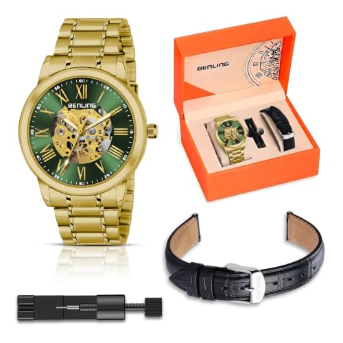 Image of Benling Men's Skeleton Automatic Analog Watch Combo | Open Gear Dial | Leather and Stainless Steel Chain Strap | Luxury Mechanical Movement | Casual & Formal Wear Stylish Wrist Watch for Men