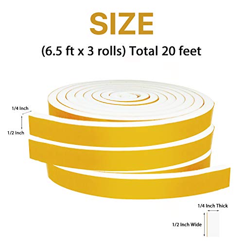 Foam Weatherstrip Tape 3 Rolls, 1/2 Inch Wide X 1/4 Inch Thick Total 20 Feet Long, Foam Strips with Adhesive High Density Foam Tape for Doors and Windows Insulation (6.5ft x 3 Rolls) - Thumbnail 2