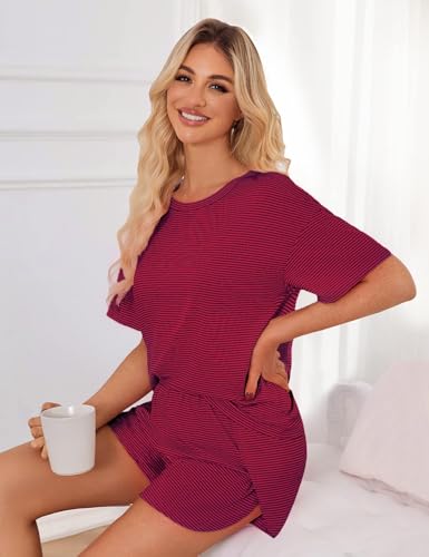 Image of JUSTFASHIONNOW Womens Pajama Sets Shorts Striped Print Two Piece Lounge Sets Crew Neck Sleepwear Split Shorts Set Soft Pjs