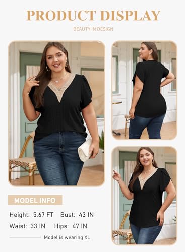 Eytino Womens Plus Size Tops Lace V Neck Petal Short Sleeve Blouse Eyelet Hollow Dressy Casual T Shirts(1X-5X)3