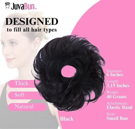 Miniatura 4 de Juvabun Moño pequeño desordenado  Negro  Coletero de pelo ondulado rizado  Moño falso para uso diario  Coletero de pelo sintético