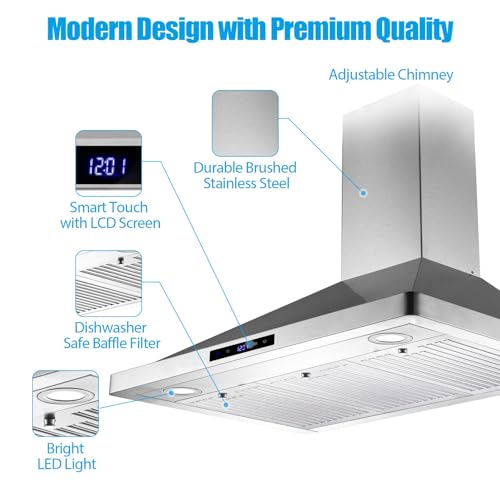 Tieasy Range Hood 36 inch Wall Mount Kitchen Hood 700 CFM with Ducted/Ductless Convertible Duct, Touch Control, Permanent Filters, Stainless Steel, 3 Speed Exhaust Fan - Thumbnail 3