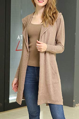 Cardigã feminino com capuz B BIMOZI com drapeado e frente aberta com bolsos, Camel, Medium